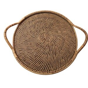 Pampered Chef Woven Selections Round Rattan Serving Tray Brown Boho 15 inch